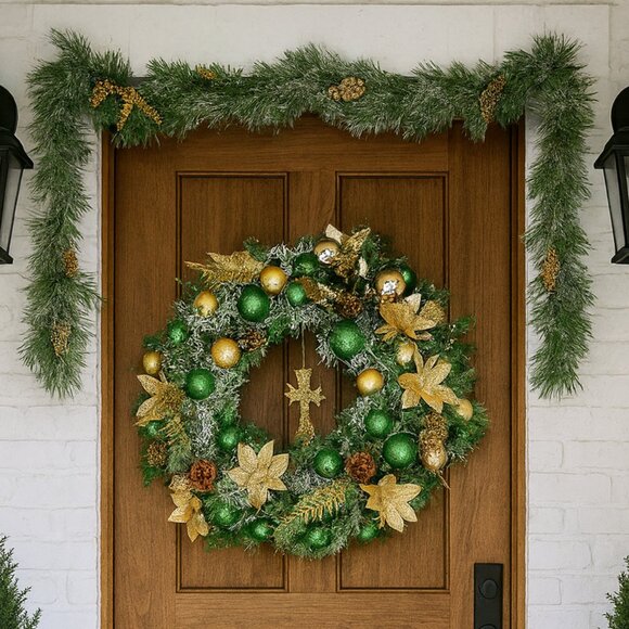 Green and Gold Decorated Wreath with Lights - Picture 1 of 2